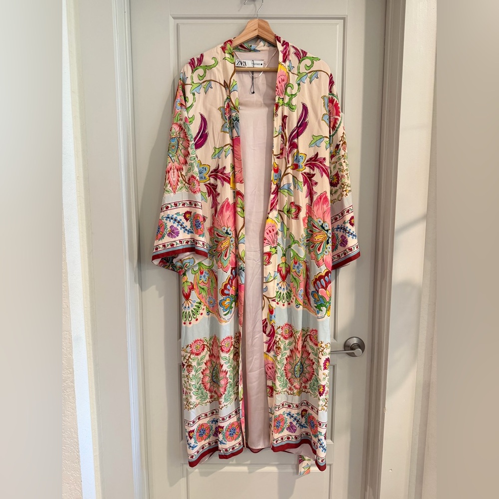 Zara Floral Printed Long Kimono Belted Beach Boho Style Pink Size XS